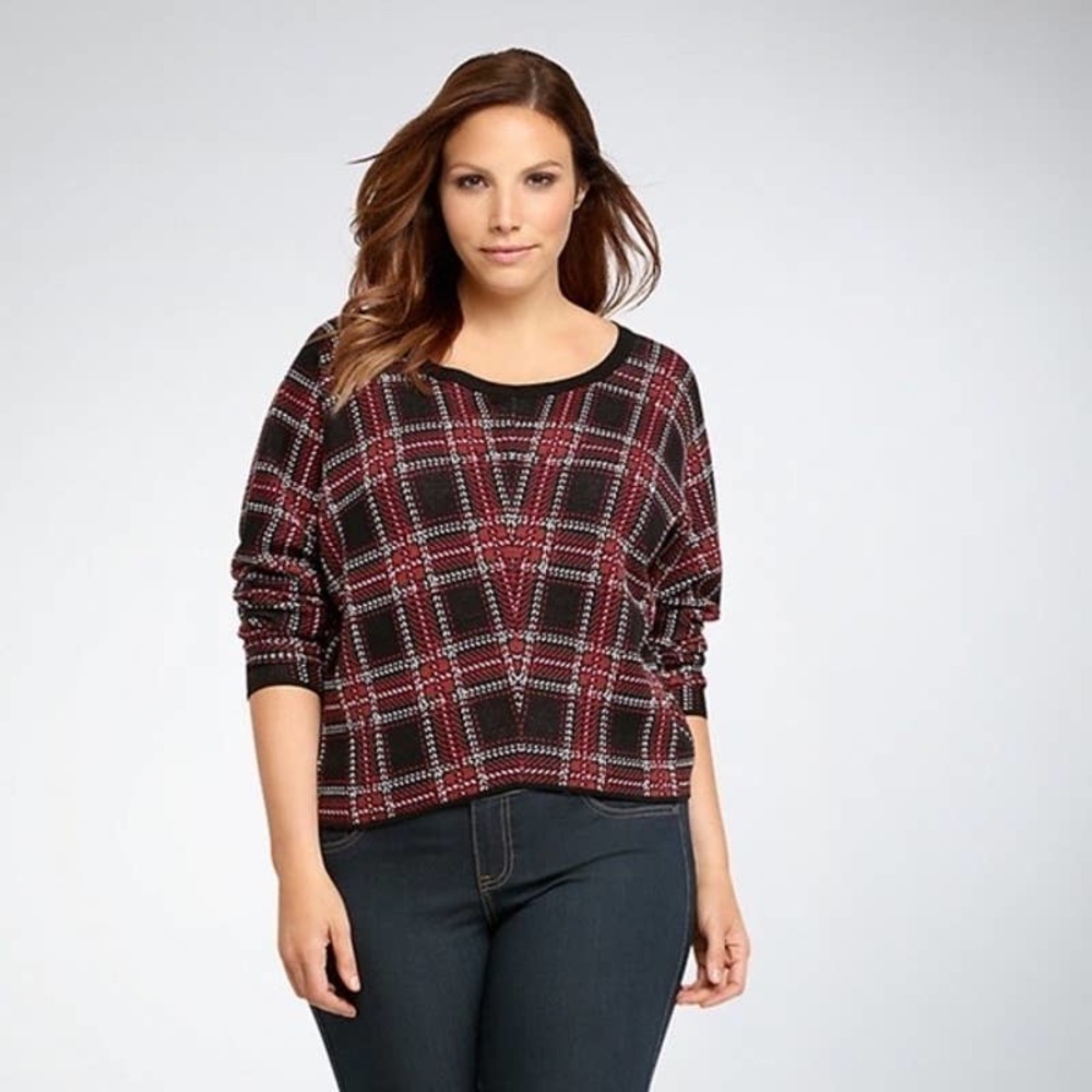 Torrid Plaid Crop Sweater Red Black Brown Long Sleeve Size 1